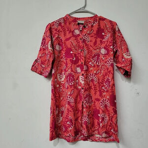 Utsa Women's Button-Up Tunic Top Size XS Pink Floral 100% Viscose Short Sleeves